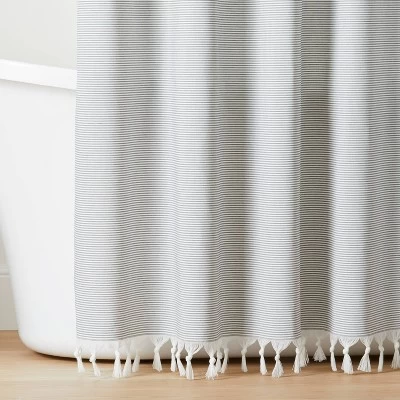 Ticking Stripe Woven Shower Curtain Gray/Cream - Hearth & Handâ„¢ With Magnolia