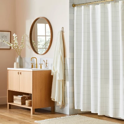Stitched Grid Lines Woven Shower Curtain Cream/Taupe - Hearth & Handâ„¢ With Magnolia - Image 2