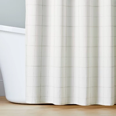 Stitched Grid Lines Woven Shower Curtain Cream/Taupe - Hearth & Handâ„¢ With Magnolia